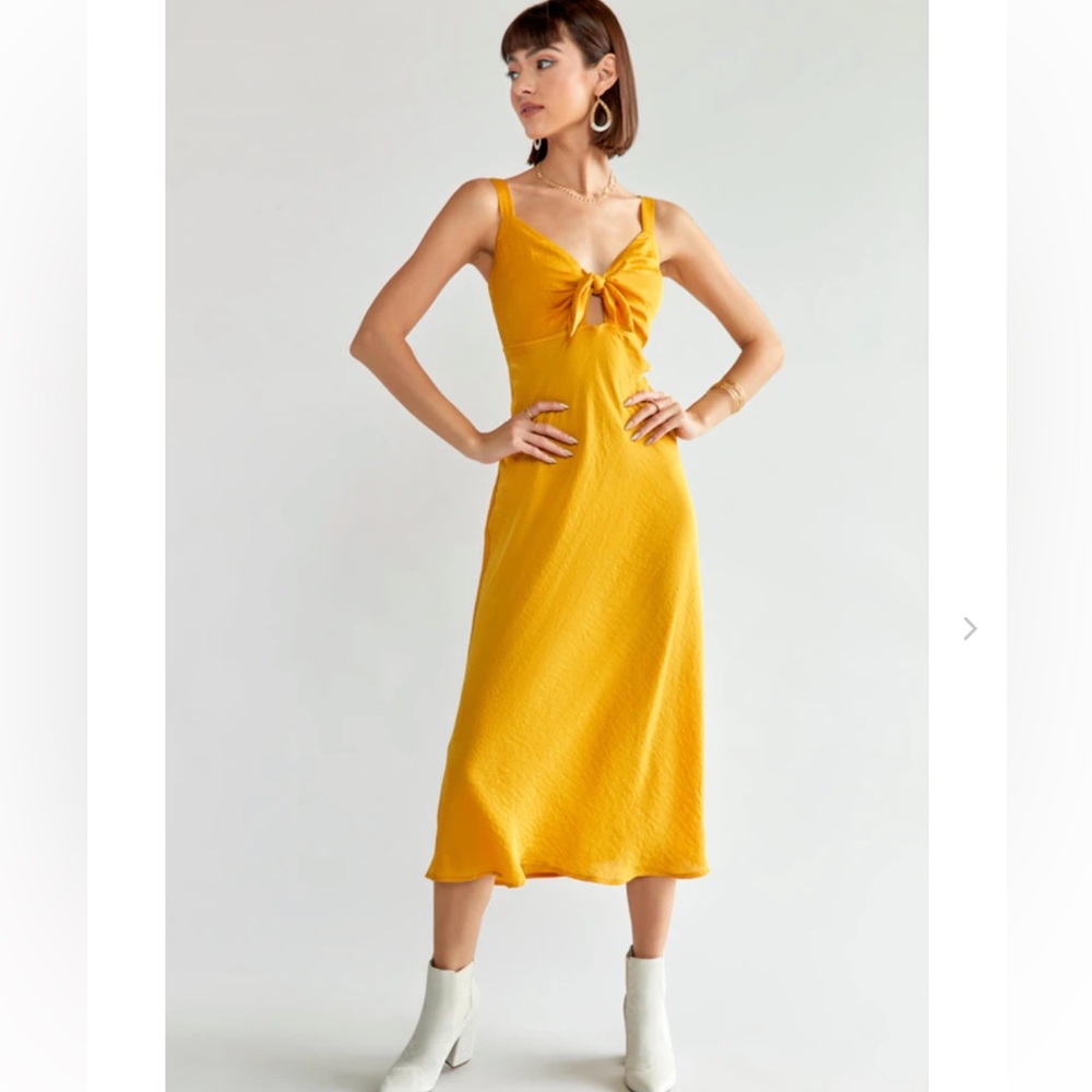 Francesca’s Golden Yellow Satin Midi Tie Front Slip Dress BNWT Size Small